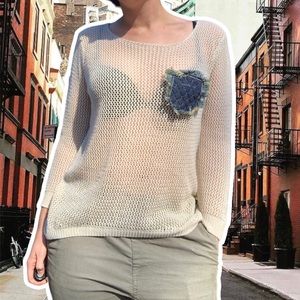 True Vintage 80s Grunge Open Knit Sweater with Denim Patch, Size M/L